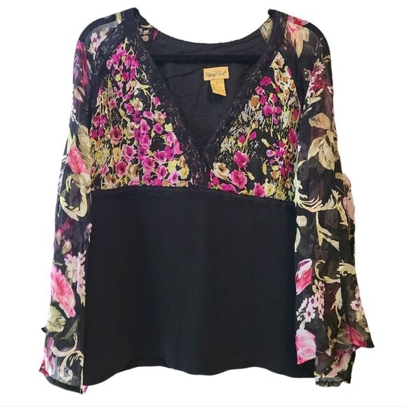 Midnight Velvet Tops - Midnight Velvet Silk Floral Lace Trim Blouse